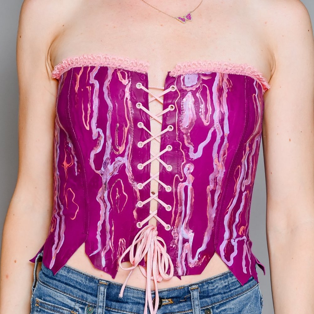 VINTAGE Real Leather Hand Painted Lace-Up Corset Top Small 30"+P2P - Picture 2 of 9